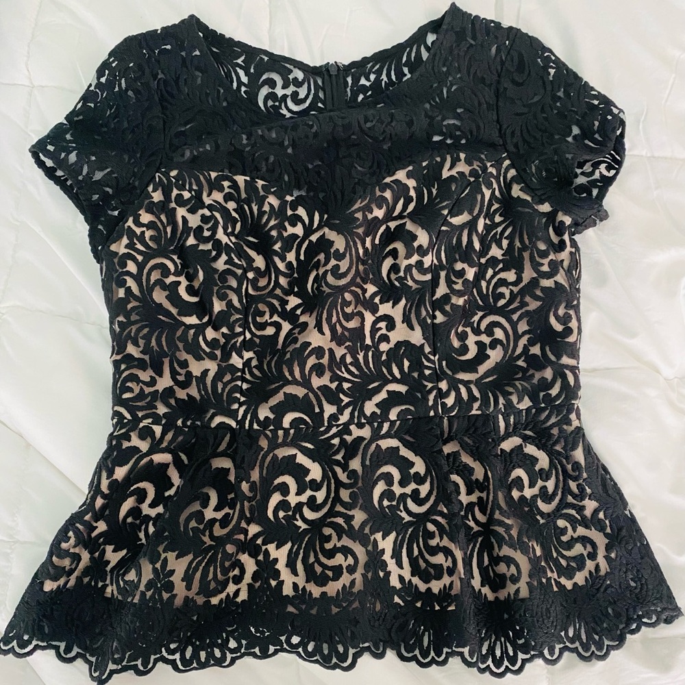 Black Lace Peplum Blouse with Embellished Lace